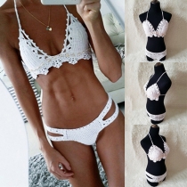 Sexy Solid Color Hollow Out Knit Bikini Set