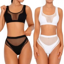 Sexy Solid Color High Waist Hollow Out Bikini Set 