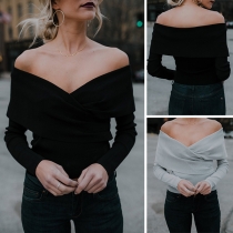 Sexy Off-shoulder Crossover V-neck Long Sleeve Solid Color Top