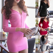 Sexy Deep V-neck Long Sleeve Solid Color Tight Knit Dress