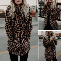Fashion Long Sleeve Leopard Print Faux Fur Cardigan Coat 