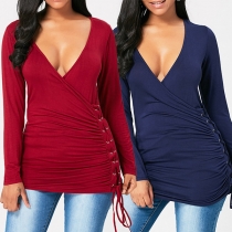 Sexy Deep V-neck Long Sleeve Lace-up Solid Color T-shirt 