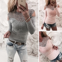 Sexy Off-shoulder Long Sleeve Round Neck Lace Spliced T-shirt (It falls small)