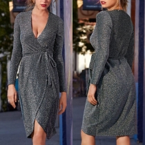 Sexy Deep V-neck Irregular Hem Long Sleeve Slim Fit Dress