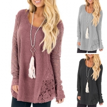 Fashion Lace Spliced Long Sleeve Round Neck Solid Color Loose Top