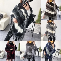 Chic Style Irregular Tassel Hem Contrast Color Cloak-style Sweater