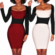 Fashion Contrast Color Long Sleeve Square Collar Tight Dress