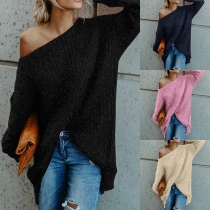 Sexy Oblique Shoulder Long Sleeve Solid Color Loose Sweater 