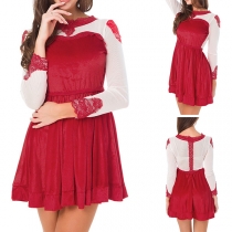 Fashion Contrast Color Long Sleeve High Waist Lace Spliced Dress