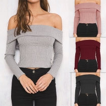 Sexy Off-shoulder Boat Neck Long Sleeve Solid Color Knit Top 