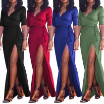 Sexy Deep V-neck Slit Hem 3/4 Sleeve High Waist Solid Color Party Dress
