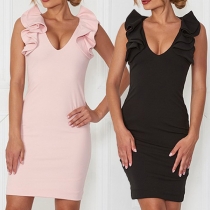 Sexy Deep V-neck Sleeveless Solid Color Slim Fit Ruffle Dress