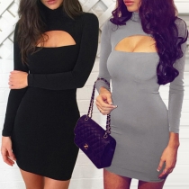 Sexy Long Sleeve High Neck Solid Color Hollow Out Tight Dress