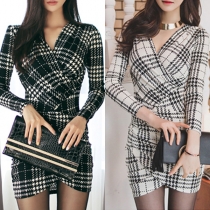 OL Style Long Sleeve V-neck Slim Fit Plaid Dress