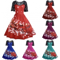 Fashion Lace Spliced Short Sleeve Round Neck Printed Dress