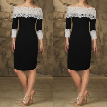 Sexy Off-shoulder Boat Neck Long Sleeve Slim Fit Lace Spliced Dress