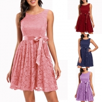 Elegant Solid Color Sleeveless Round Neck High Waist Lace Dress