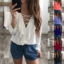Sexy Ruffle Deep V-neck Long Sleeve Chiffon Blouse