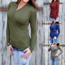 Fashion Long Sleeve Crossover V-neck Solid Color T-shirt 