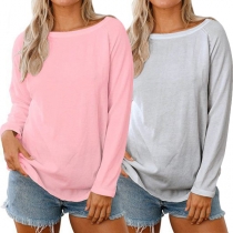 Sexy Backless Long Sleeve Round Neck Solid Color T-shirt 