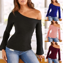 Sexy Oblique Shoulder Long Sleeve Solid Color T-shirt