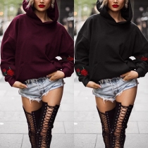 Fashion Rose Embroidered Long Sleeve Loose Hoodie 