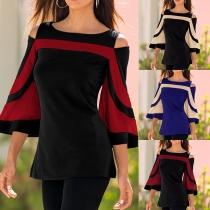 Sexy Off-shoulder 3/4 Trumpet Sleeve Contrast Color T-shirt