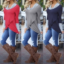 Fashion Striped Spliced Long Sleeve Heaps Collar Irregular Hem T-shirt