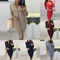 Elegant Solid Color Long Sleeve Double-breasted Tight Knit Dress