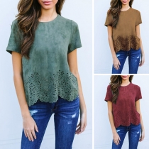 Fashion Solid Color Short Sleeve Round Neck Hollow Out Hem T-shirt