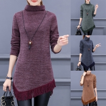 Fashion Long Sleeve Turtleneck Tassel Hem Pullover Sweater