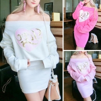 Sexy Off-shoulder Boat Neck Contrast Color Heart Pattern Sweatshirt Dress