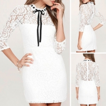 Elegant Solid Color 3/4 Sleeve Lace-up Round Neck Slim Fit Lace Dress
