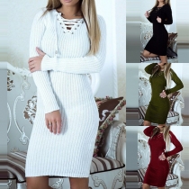 Sexy Lace-up V-neck Long Sleeve Solid Color Slim Fit Knit Dress