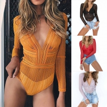 Sexy Deep V-neck Long Sleeve See-through Lace Bodysuit