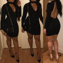 Sexy Backless Long Sleeve Solid Color Hollow Out Bodycon Dress