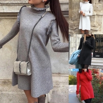 Fashion Solid Color Long Sleeve Round Neck Ruffle Dress