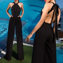 Sexy Backless Off-shoulder High Waist Solid Color Halter Jumpsuit