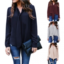 OL Style Long Sleeve Lace-up V-neck Solid Color Chiffon Blouse