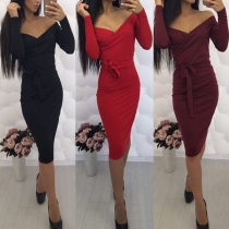 Sexy V-neck Long Sleeve Solid Color Slim Fit Party Dress