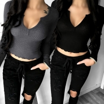 Sexy V-neck Long Sleeve Solid Color Crop Top