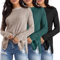 Fashion Solid Color Long Sleeve Round Neck High-low Hem Sweater
