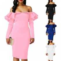 Sexy Off-shoulder Boat Neck Long Sleeve Slim Fit Ruffle Party Dress
