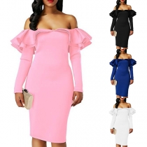 Sexy Off-shoulder Boat Neck Long Sleeve Slim Fit Ruffle Party Dress