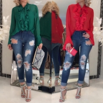 OL Style Trumpet Sleeve Solid Color Ruffle Chiffon Blouse