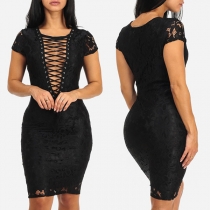 Sexy Lace-up Deep V-neck Short Sleeve Slim Fit Lace Dress