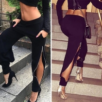 Chic Style Solid Color Side-zipper Slit Casual Pants