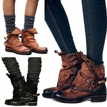 Retro Style Round Toe Flat Heel Side-zipper Boots Booties