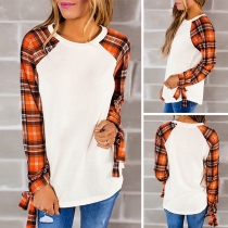 Fashion Plaid Spliced Long Sleeve Round Neck T-shirt 