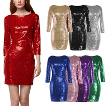Sexy Backless 3/4 Sleeve Round Neck Sequin Tight Dress